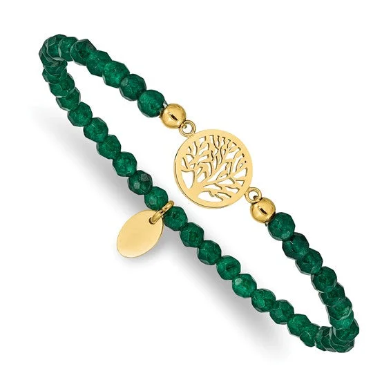 Boho tassel bangles-Stainless Steel Gold Plated Tree of Life 4mm Green Jade Beaded Stretch Bracelet