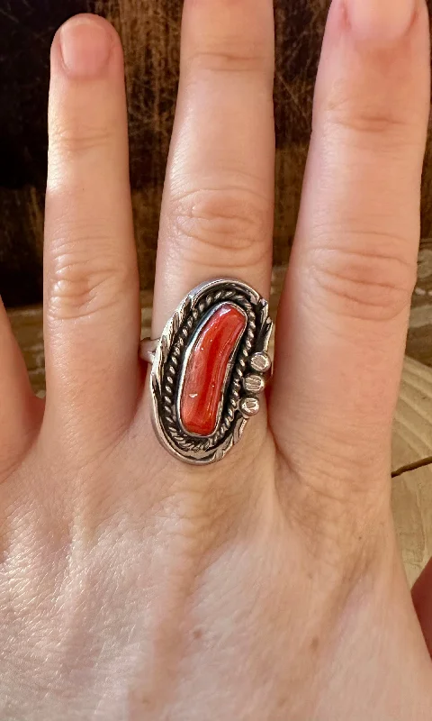 Beaded gem rings-SOUTHWEST CHARMER Vintage Sterling Silver & Red Coral Ring • Size 7 1/4