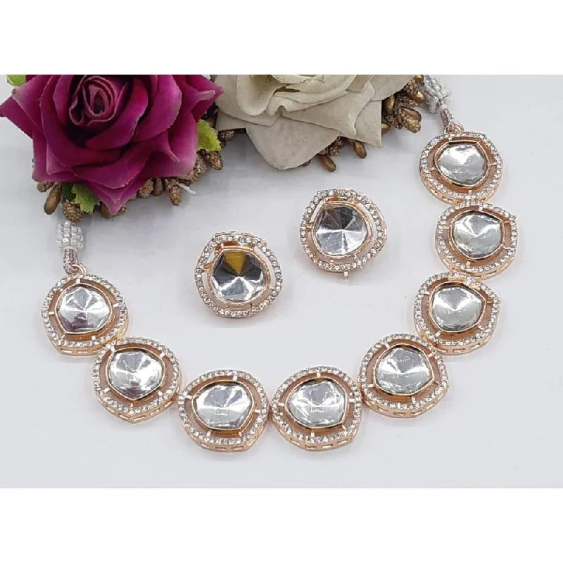 Freshwater pearl necklaces-Akruti Collection Rose Gold Plated Kundan Necklace Set