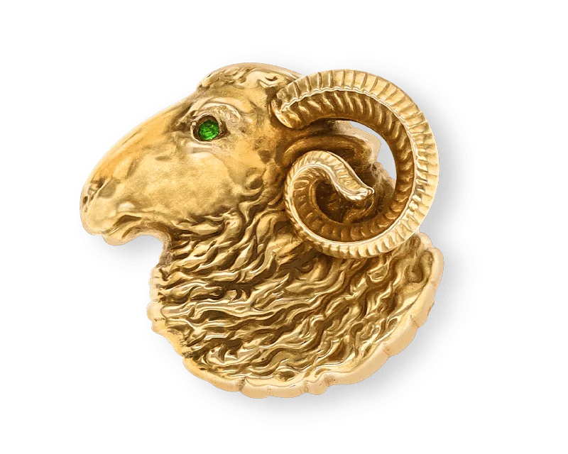 Fine dot brooch-Riker Brothers Gold and Demantoid Garnet Ram's Head Brooch