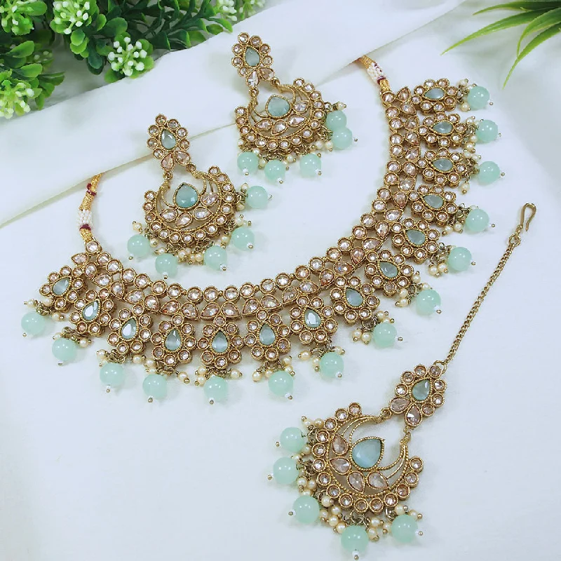 Flat knot necklaces-LALSO Stunning Mehendi Gold plated AD/Zircon Work Necklace Jewelry Set With Maangtika