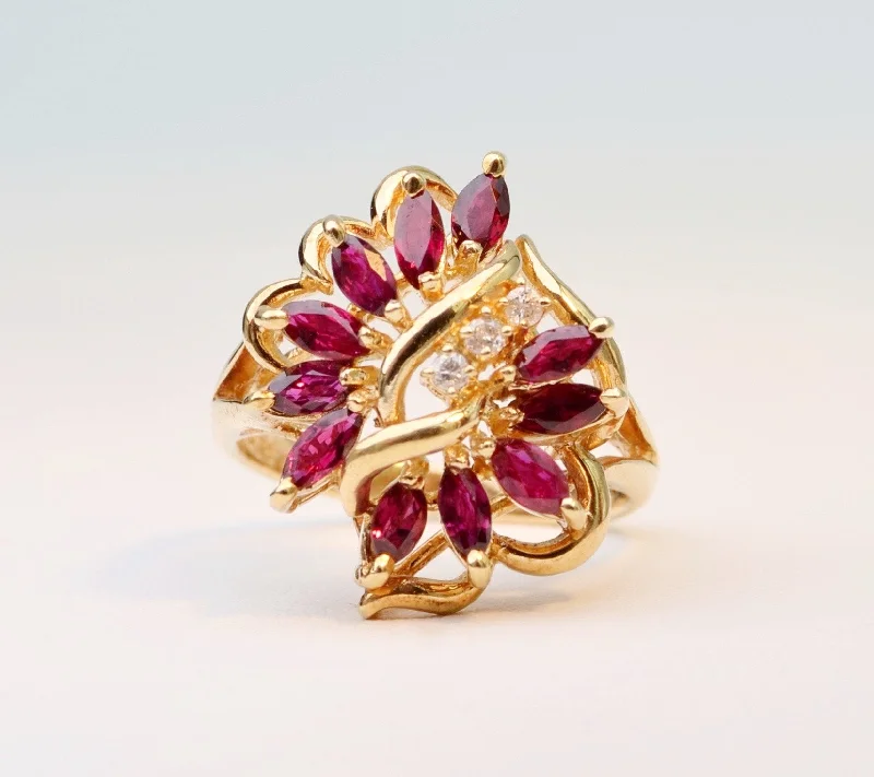 Pink quartz rings-14K yellow gold Ruby/Diamond cocktail ring with  11 Marquise-shaped Rubies and 3 Diamonds