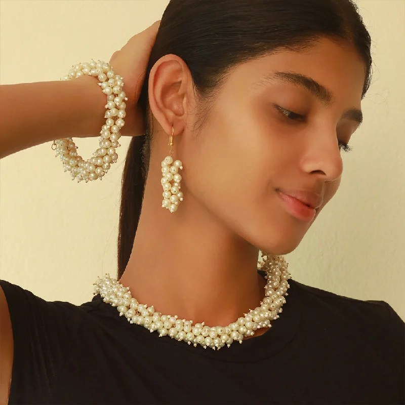 Pure stud earrings-White and Gold Pearl Studded Evening Party Set of Necklace, Earrings & Bracelet for Women