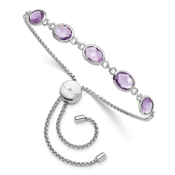 Wide geometric bangles-Sterling Silver Rhodium Plated Amethyst Adjustable Bolo Bracelet