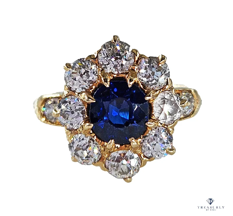 Birch grain rings-GIA Royal Blue Victorian 2.29ctw No Heat Old Mine Oval Sapphire Diamond Antique Vintage Cluster 14k Gold Ring