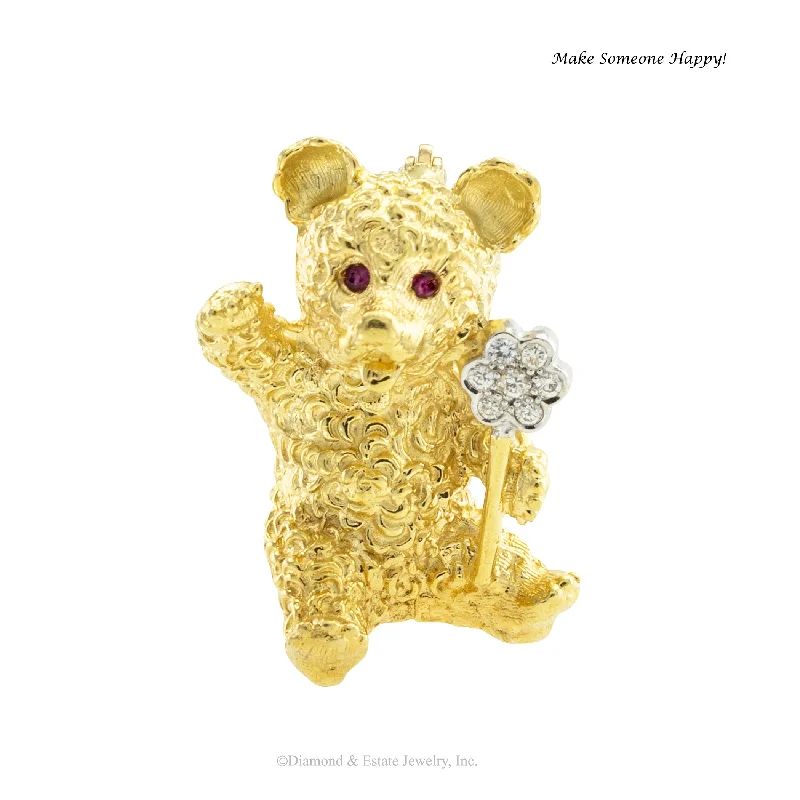 Light filigree brooch-Diamond Ruby Yellow Gold Teddy Bear Brooch