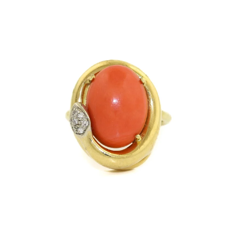 Bead cluster rings-18k x Oval Coral & Diamond Snake Cocktail Ring