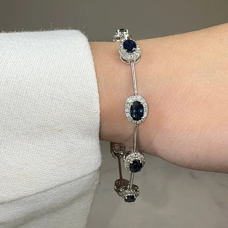 Woven cord bangles-Oval Shape Sapphire Featuring Diamond Halo 18K White Gold Station Set Bracelet