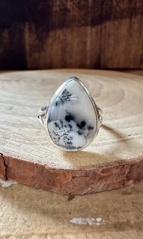 Dual-metal rings-WOODLAND DENDRITIC OPAL Sterling Silver Ring • Size 8