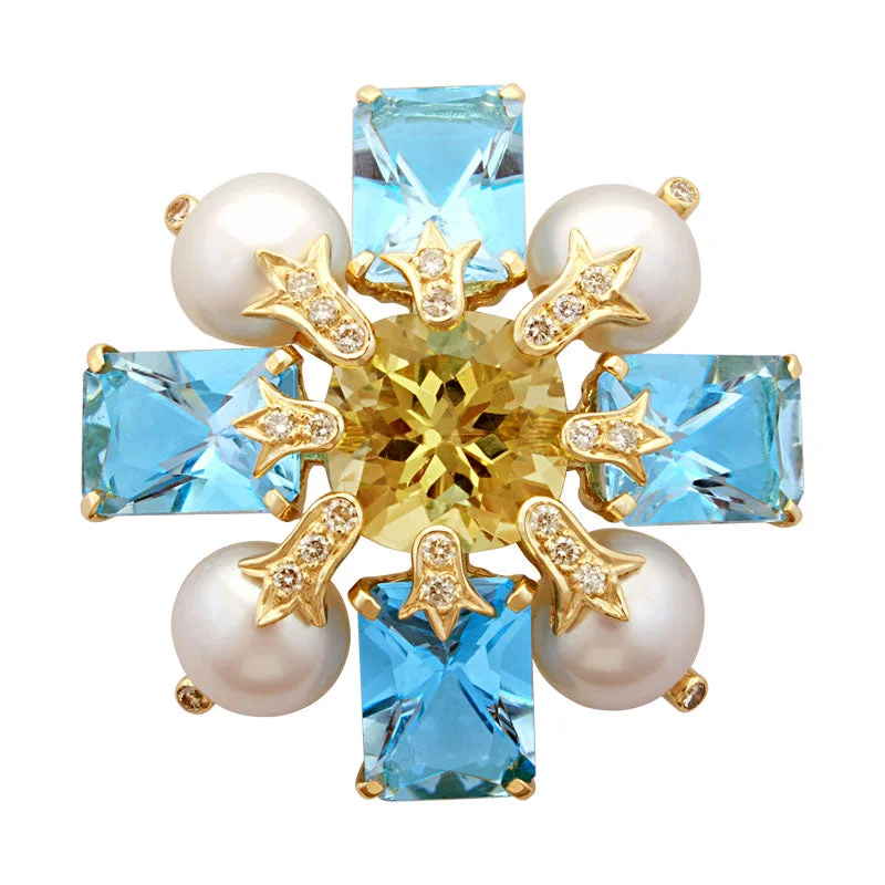 Tight pin brooch-Brooch-Lemon Quartz, Blue Topaz, Pearl and Diamond