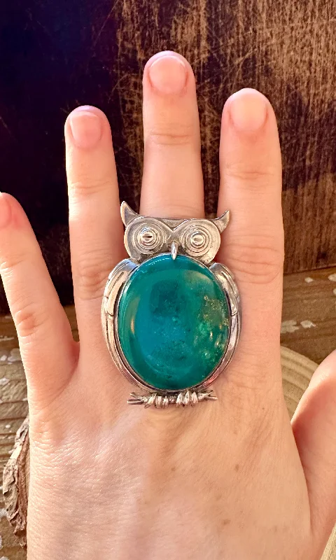 Pink gem rings-PERCHED OWL Silver & Blue Ring • Size 8