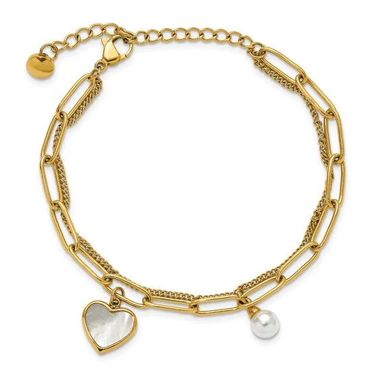 Ruby gem bangles-Stainless Steel Gold IP-Plated Mother of Pearl Heart and Pearl Bracelet