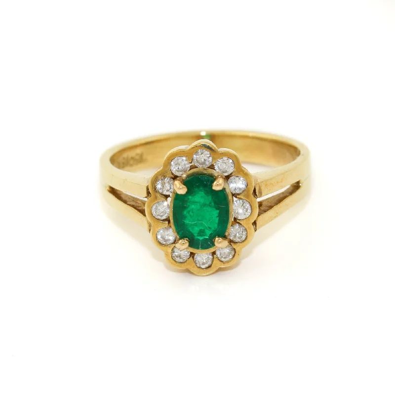 Pink quartz rings-18k Gold x Vintage .65 Emerald & Diamond Halo Ring