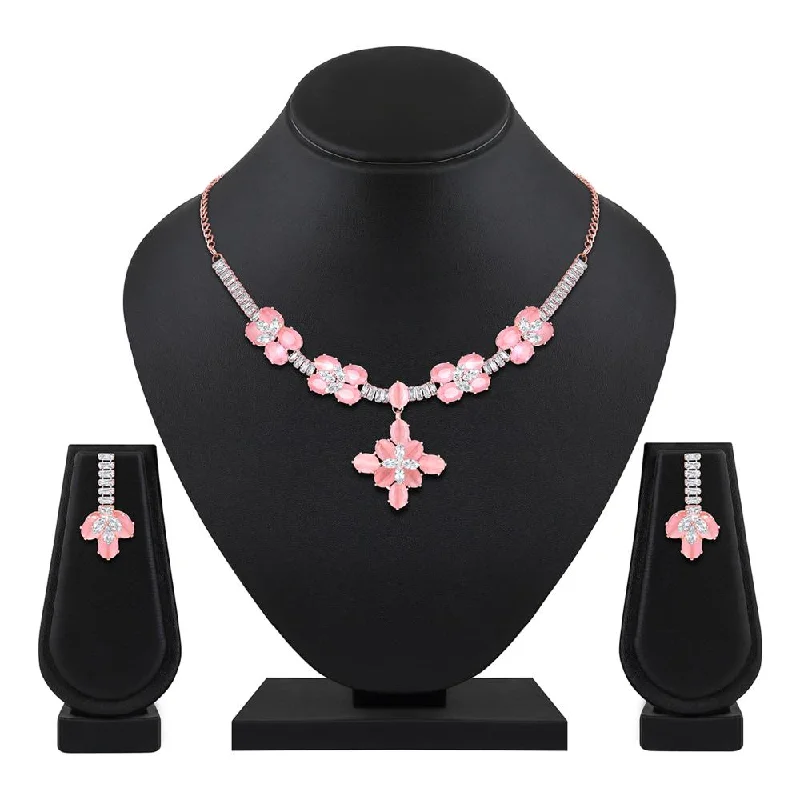 Half moon necklaces-Mahi Rose Gold Plated Pink and White Cubic Zirconia (CZ) Floral Women's Necklace Set (NL1103814ZPin)