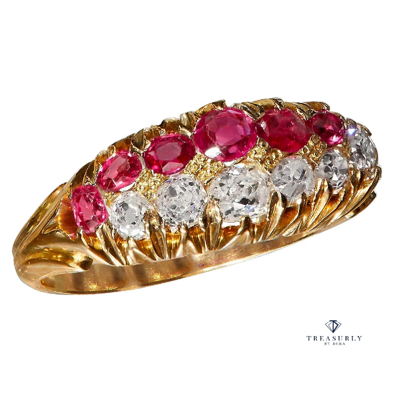 Textured letter rings-Victorian GIA No-Heat Burmese Pink Sapphires & Old Mine Diamond Double Rows Yellow Gold Band Ring