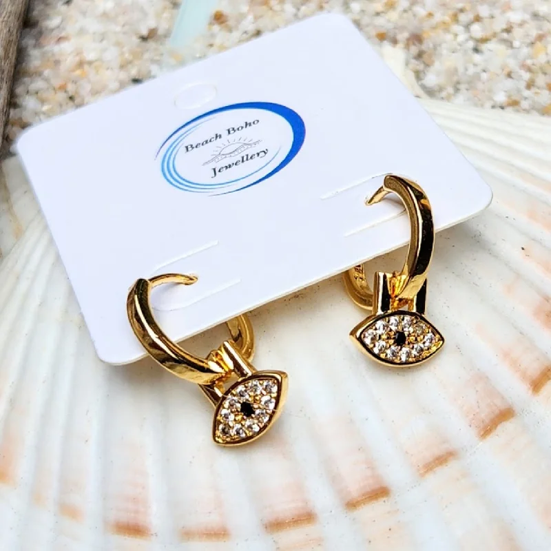 Woven silk earrings-HUGGIE EVIL EYE -  GOLD WATERPROOF HUGGIE HOOP EARRINGS