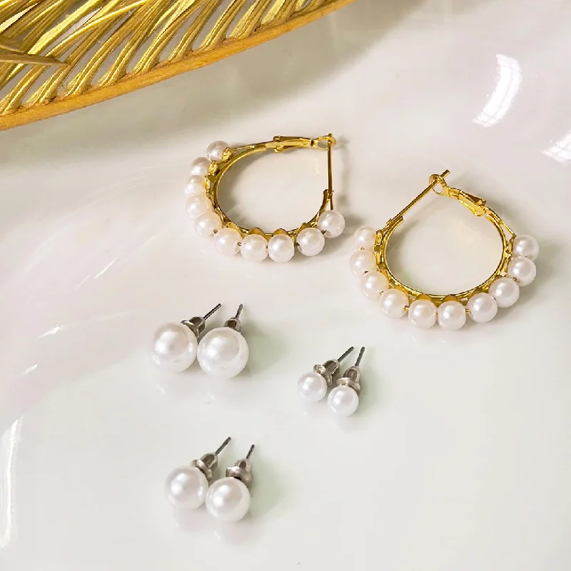 Light clay earrings-Set Of 4 Pearl Studs In Different Sizes & Gold-Toned Pearl Studded Hoop Earrings