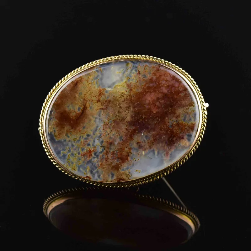 Elegant design brooch-Antique 9K Rose Large Gold Moss Agate Brooch