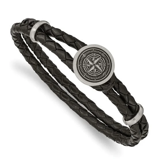 Linen cord bangles-Stainless Steel Brushed Compass Black Woven Leather 8.5 inch Bracelet