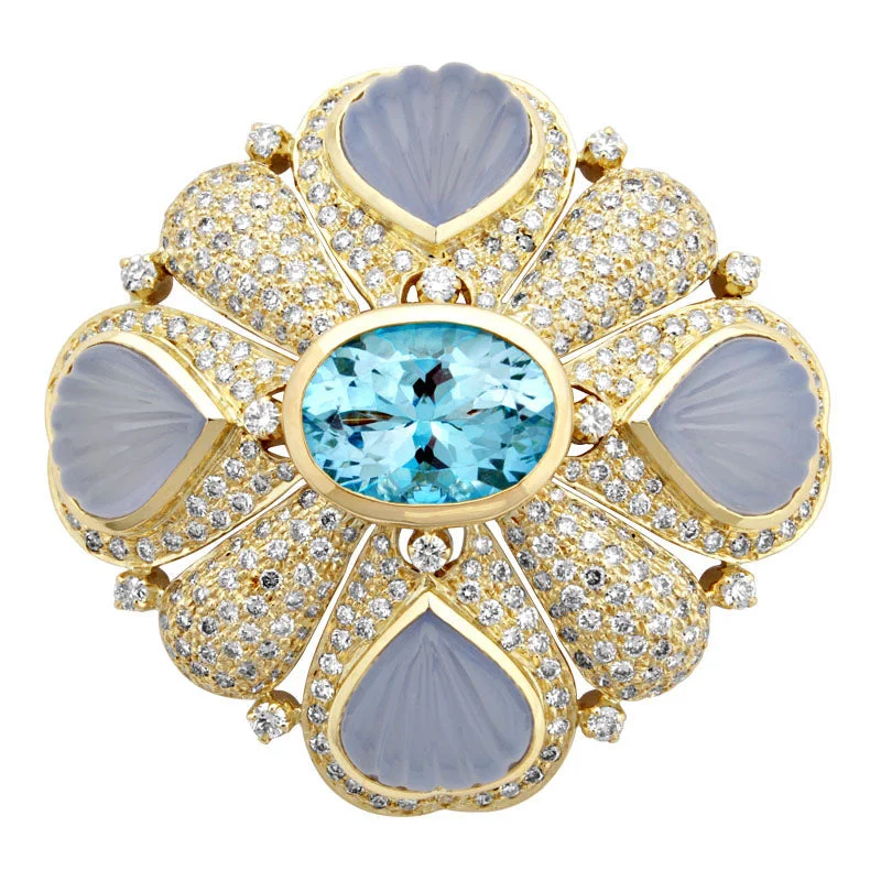 Old cameo brooch-Brooch- Blue Topaz, Chalcedony And Diamond