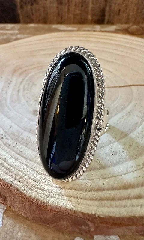 Sleek gold rings-BLACK ONYX BEAUTY Silver Ring • Size 8