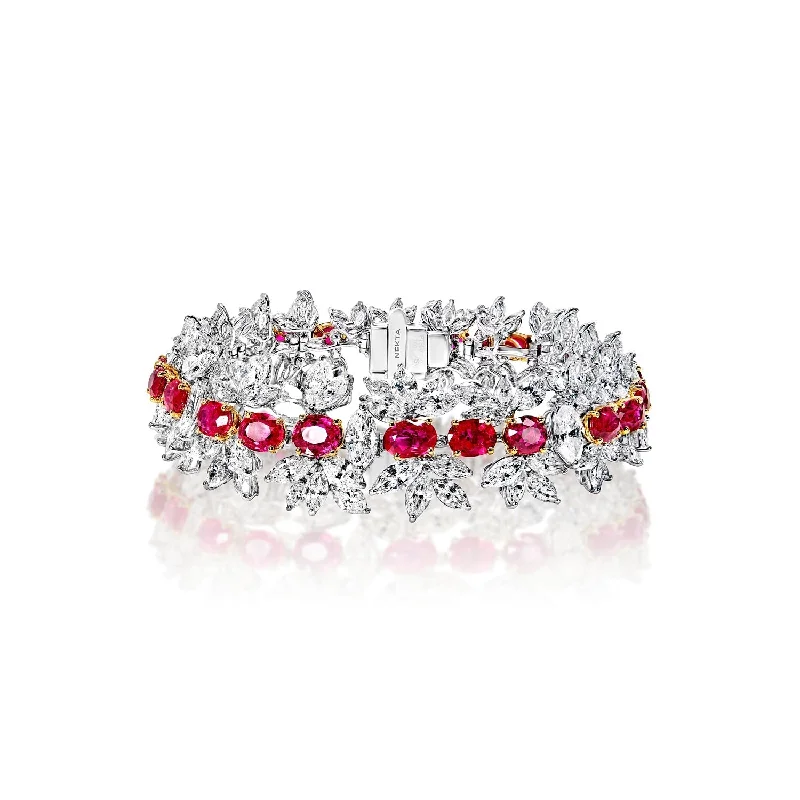 Light filigree bangles-Aleah 42 Carats Red Oval Cut Single Row Ruby and Diamond Bracelet