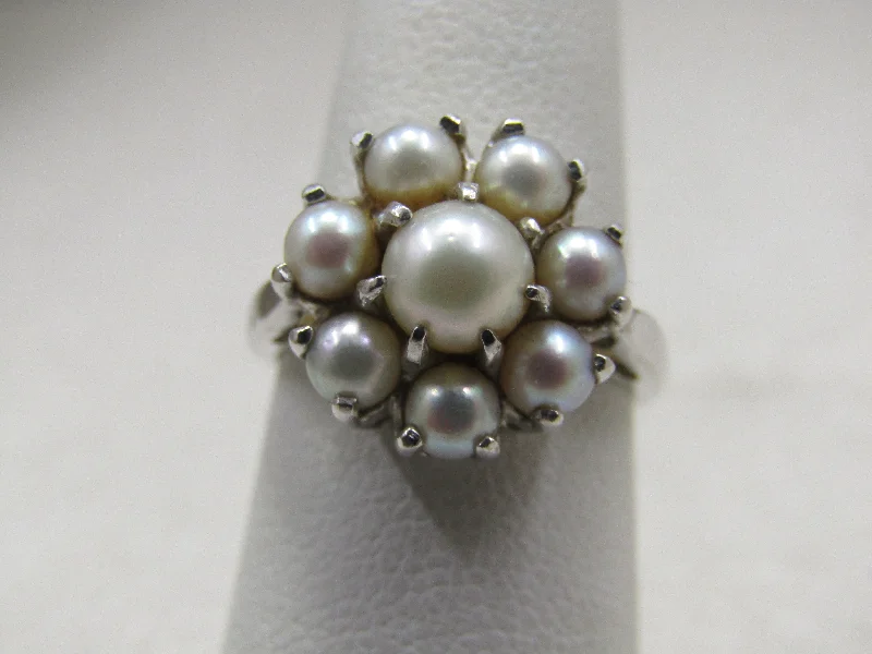 Stone cluster rings-Vintage 10kt Pearl Cluster Halo Ring, Sz. 5.75, 1960's-1970's