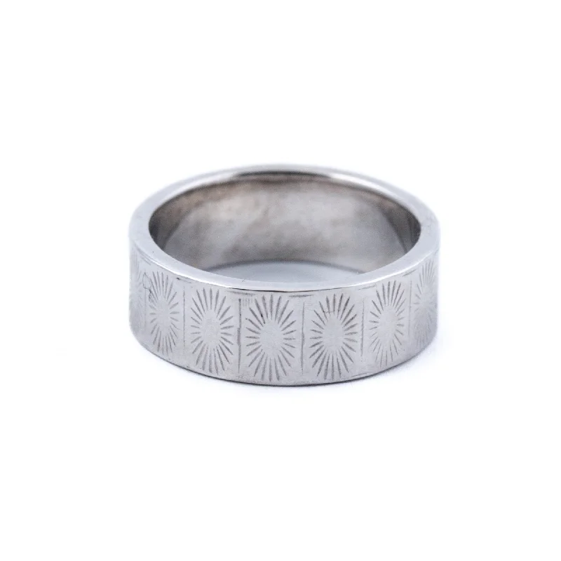 Polished silver rings-Sunburst X White Wedding Band