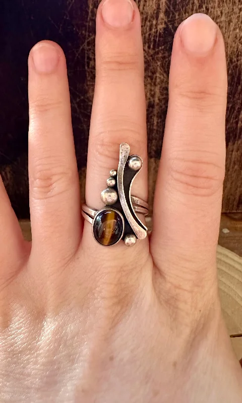 Gem stack rings-ART DECO TIGERS Eye Sterling Silver Ring • Size 6 1/4