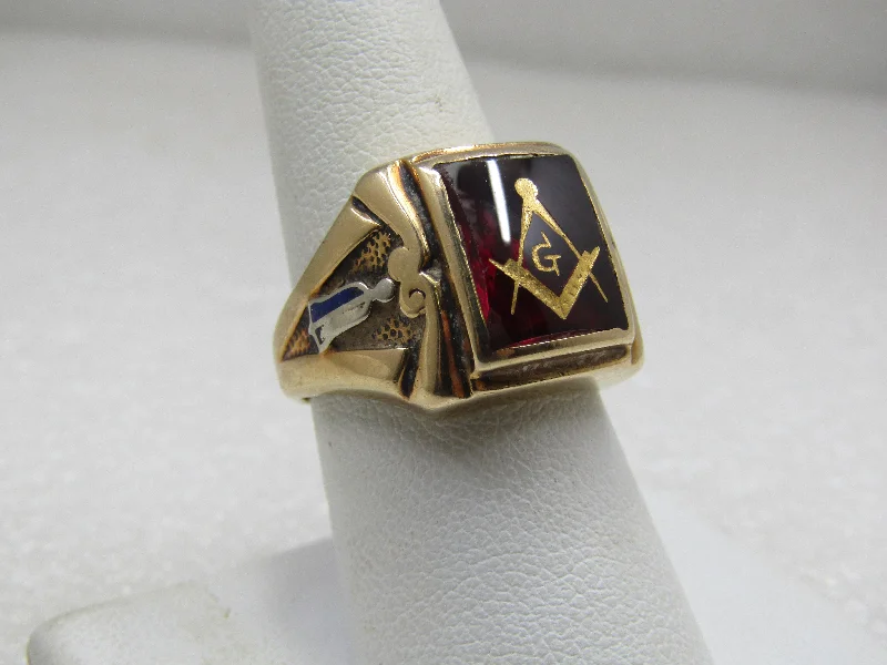 Bent shank rings-Vintage 10kt  Ruby Masonic Ring, Sz. 8, Two-Tone. Signed Crose, Mid-Century