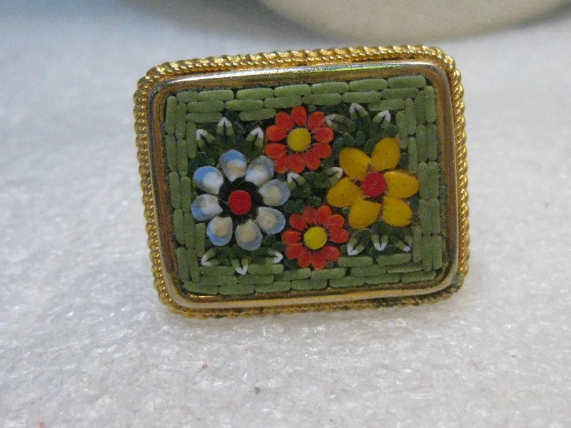 Rough texture rings-Vintage Micro Mosaic Ring, 1960's, Square, 1.25" X 1-1/8", Green, Adjustable, Italy