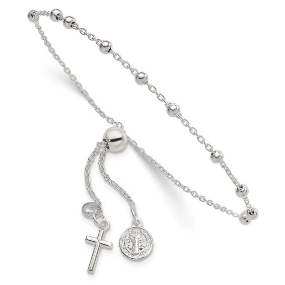 Coiled cord bangles-Sterling Silver Adjustable St. Benedict Rosary Bolo Bracelet