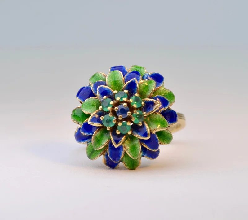 Mixed metal rings-Enamel Flower Ring with Emerald and Sapphire Accents in 14K Yellow Gold