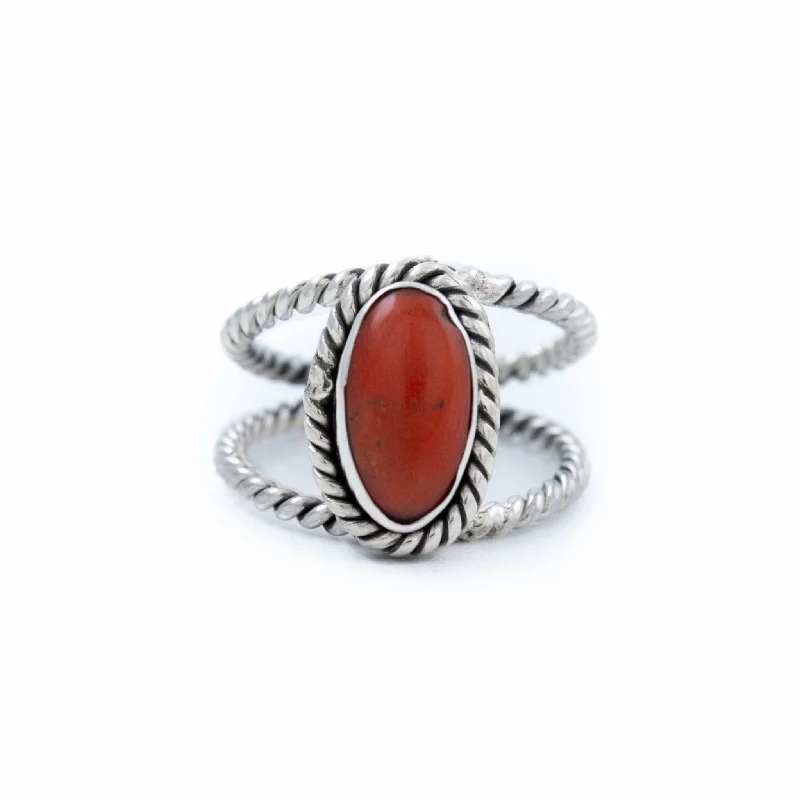 Etched monogram rings-Bright Red Coral Ring