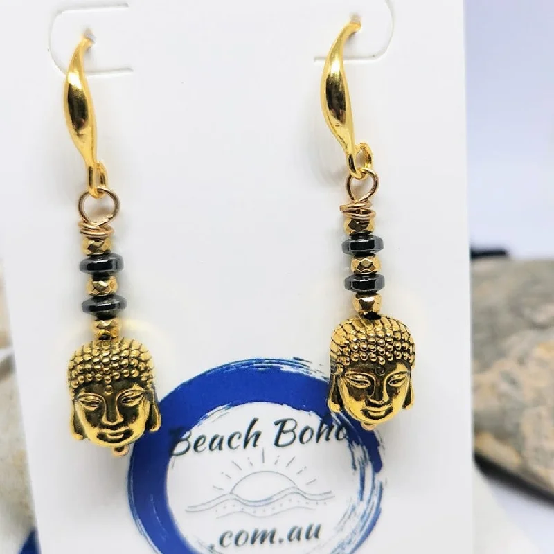 Leaf charm earrings-FOCUS - BUDDHA GOLD DANGLE EARRINGS 925 HOOKS