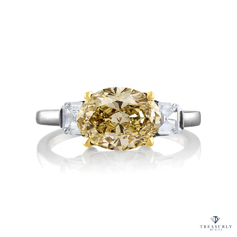 Bamboo style rings-Estate GIA 2.74ct Natural Fancy Yellow OVAL 3 Stone Diamond Engagement Platinum Ring