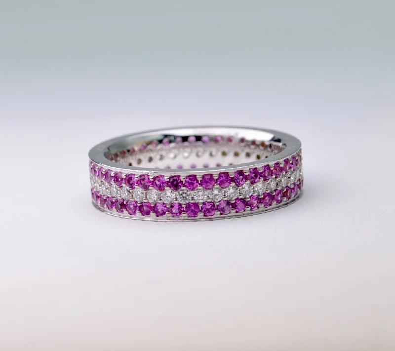 Topaz solitaire rings-18K white gold wedding band with all-around Pink Sapphire and Diamonds