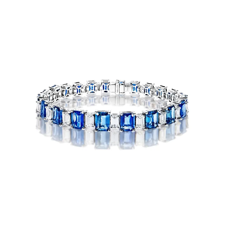 Solid cuff bangles-Dallas 28 Carat Blue Emerald Cut Sapphire and Diamond Single Row Bracelet