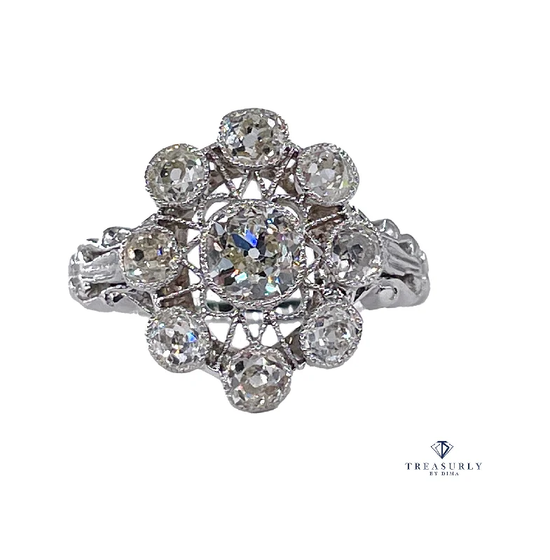 Retro deco rings-Art Deco 1.65ctw Antique Old European Diamond Cocktail Cluster Platinum Ring, EGL USA