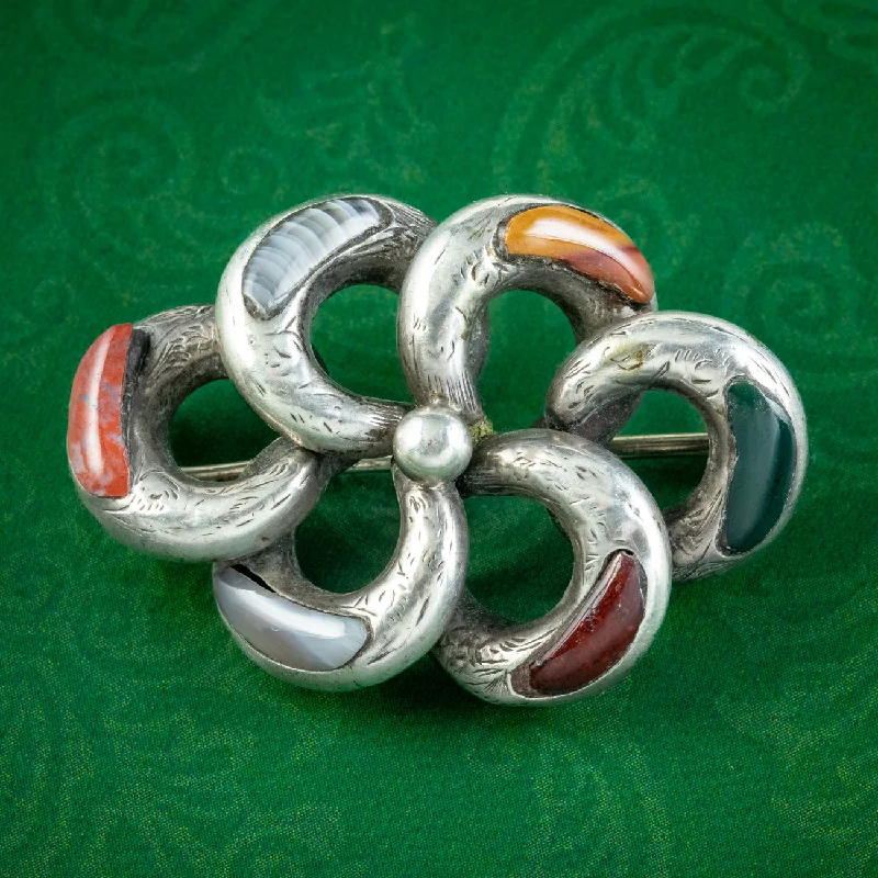 Sleek modern brooch-Antique Victorian Scottish Silver Agate Brooch