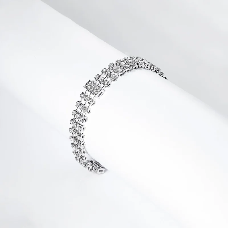 Stone cluster bangles-Alena 4 Carat Round Brilliant 3 Row Diamond Bracelet in 14k White Gold