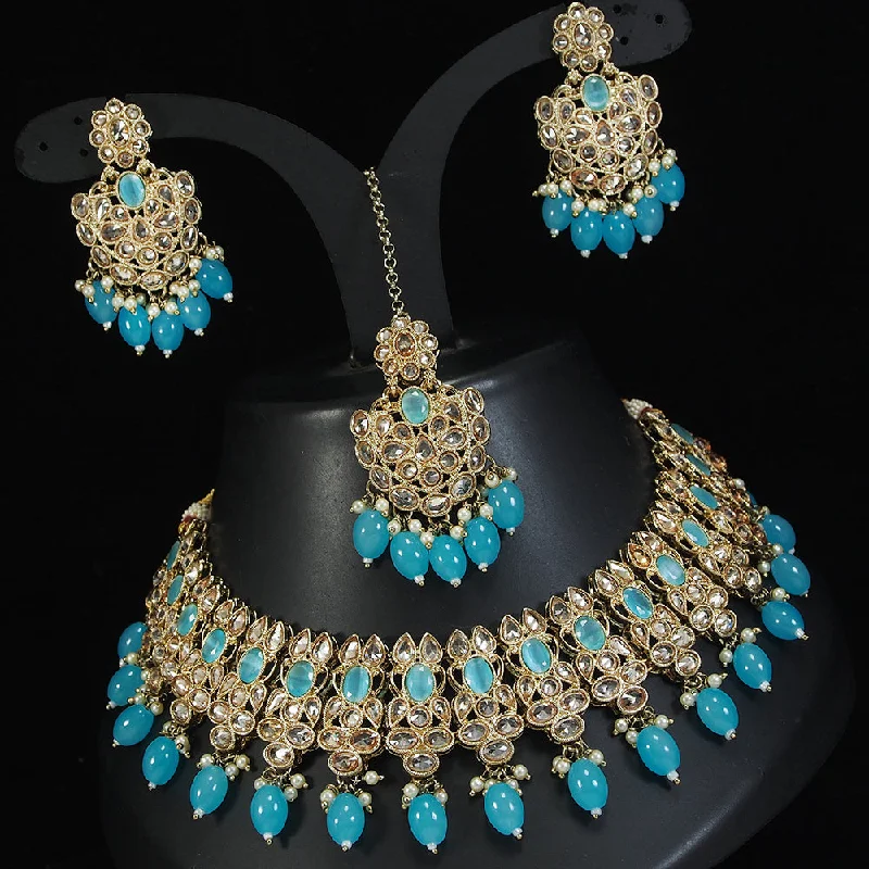 Full moon necklaces-LALSO Stunning Gold plated Zircon Work Necklace Jewelry Set With Maangtika