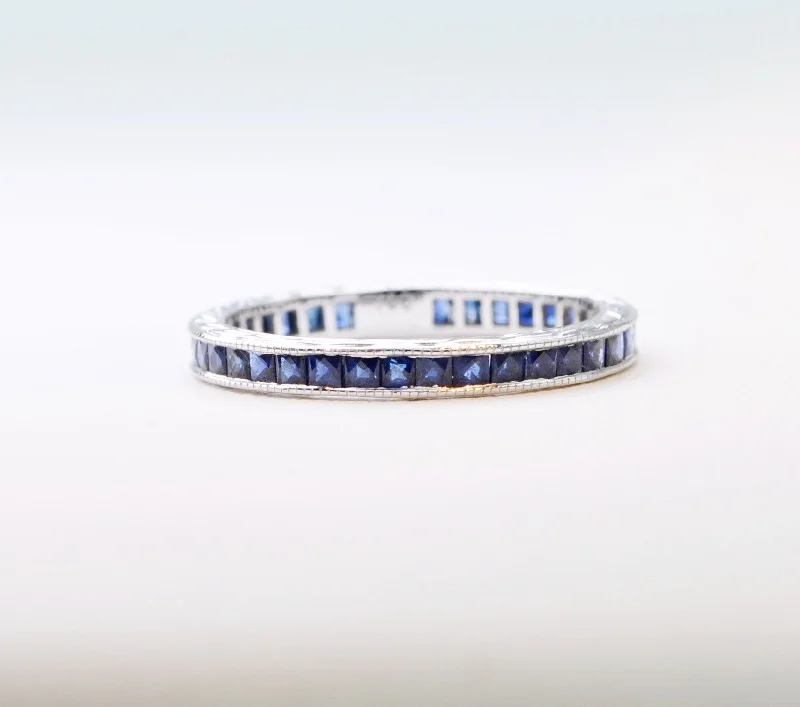 Smooth gem rings-18K white gold Sapphire band with French-cut Blue Sapphires all around