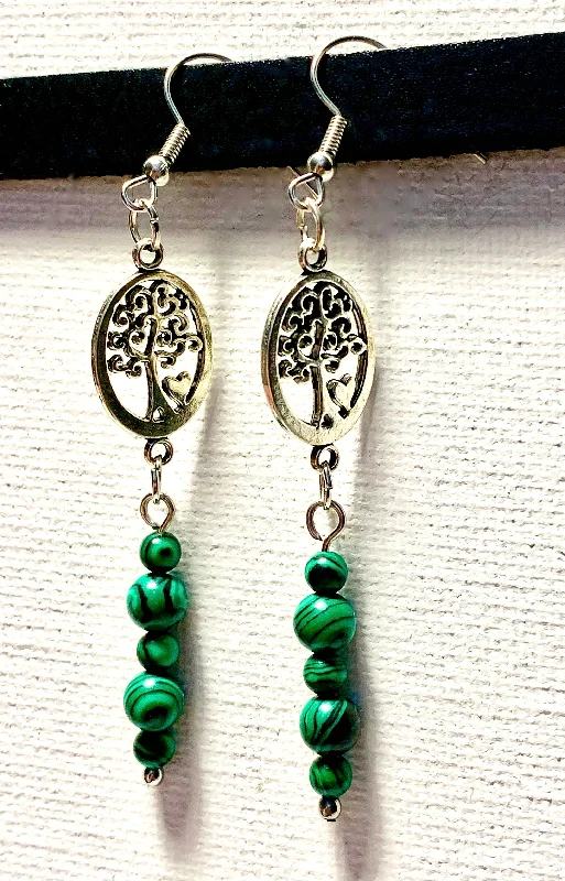 Silk bead earrings-Illanna Handmade Malachite Dangle Earrings with Tree Pendants