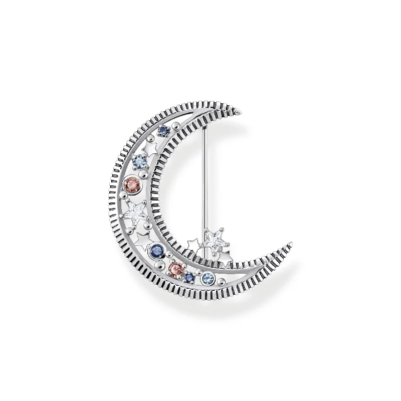 Fine pearl brooch-THOMAS SABO Brooch crescent moon with coloured stones silver