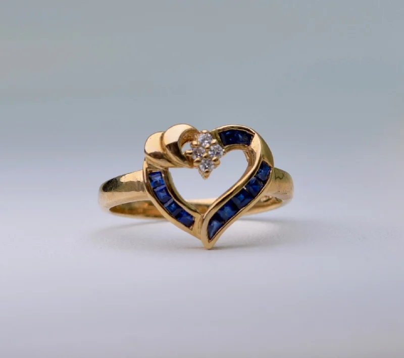 Tide motif rings-14K Yellow Gold Sapphire Heart Ring with Diamond Accent