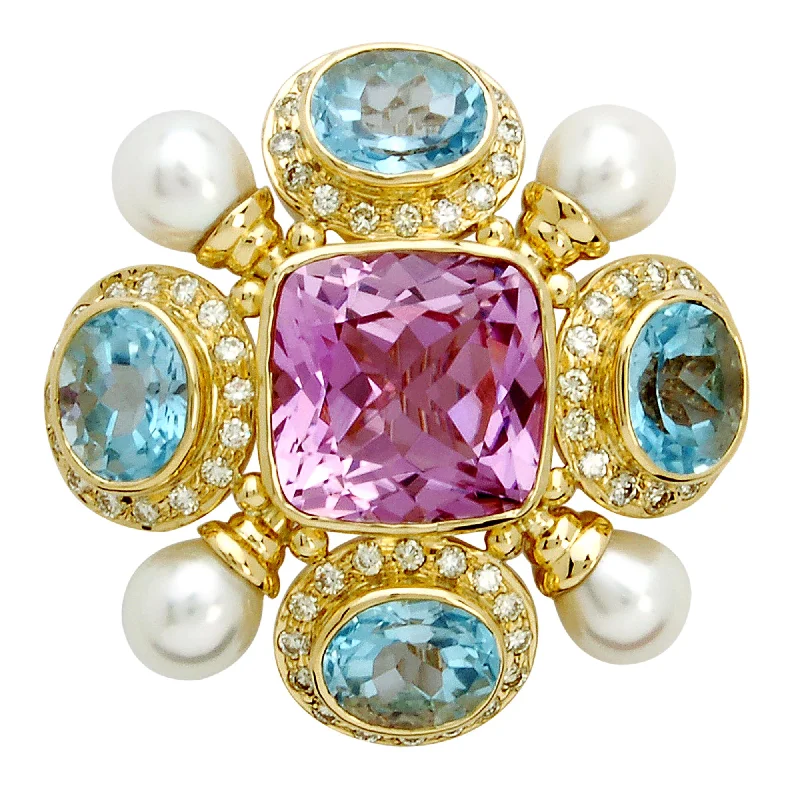 Surf motif brooch-Brooch- Kunzite, Blue Topaz, Pearl And Diamond