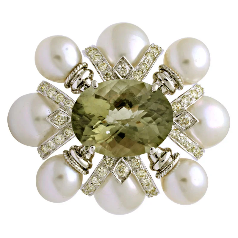 Fluid art brooch-Brooch-Green Quartz, South Sea Pearl and Diamond