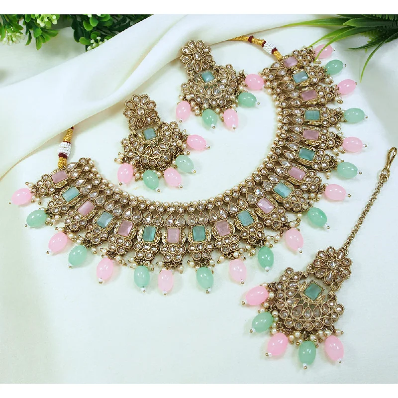 Regency style necklaces-LALSO Designer  Gold plated Zircon Work Necklace Jewelry Set With Maangtika