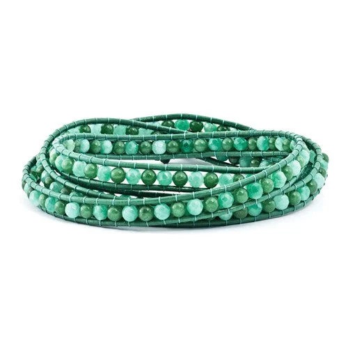 Gem stack bangles-Green Aventurine, Green Prasiolite Quartz, Cultured Pearl Leather Wrap Bracelet